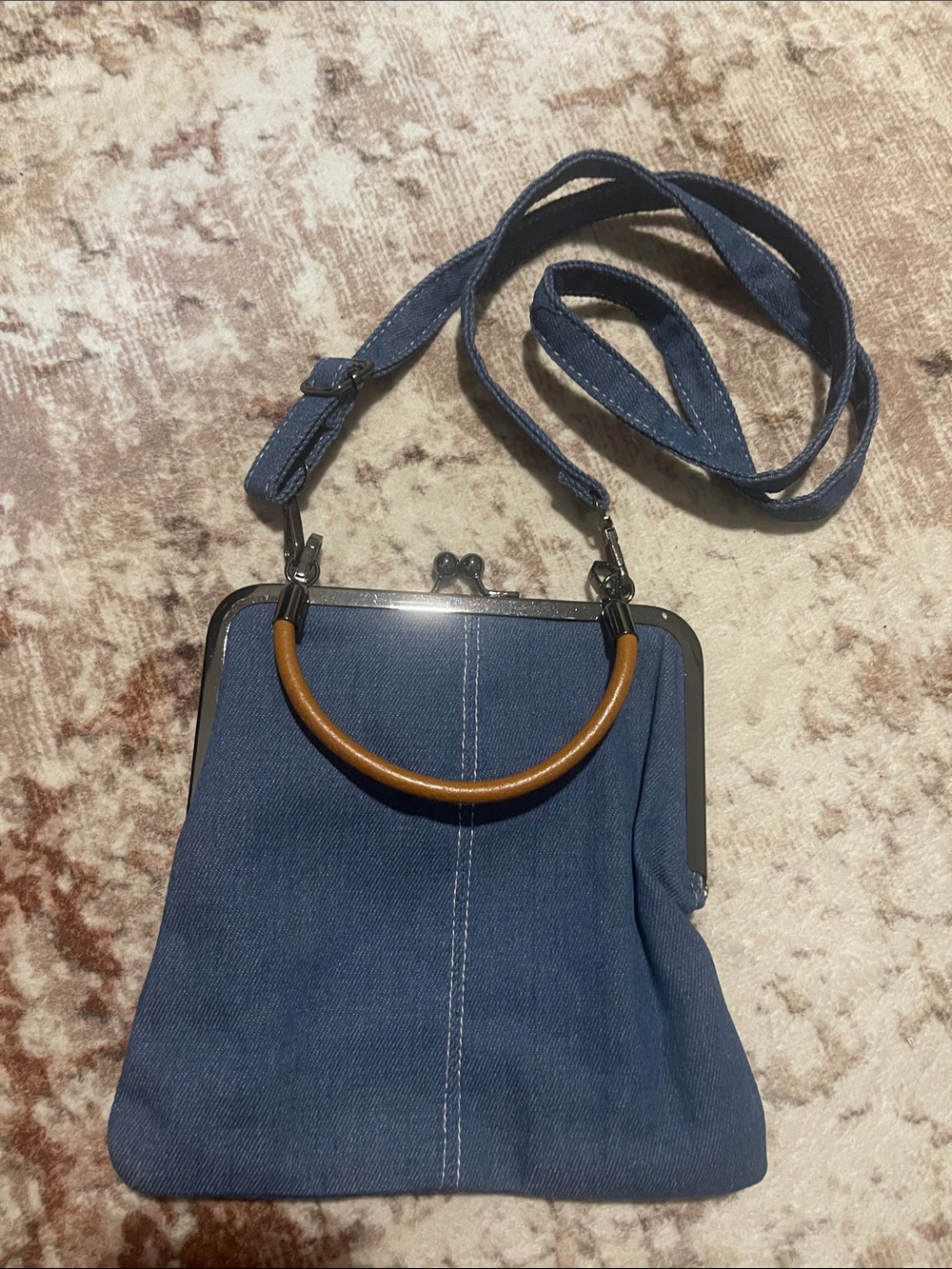Blue Denim Crossbody Bag with Brown Handle